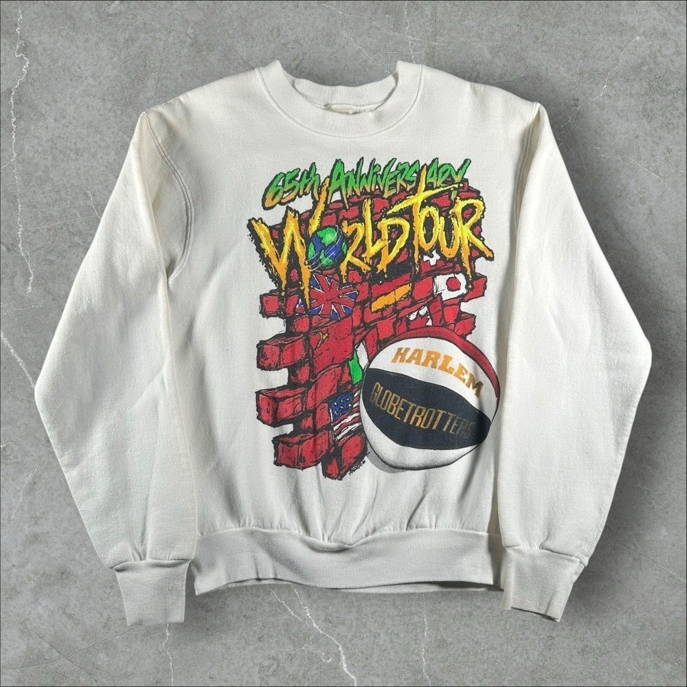 Vintage Harlem Globetrotters Sweatshirt Mens Medium White 90s World Tour 65th